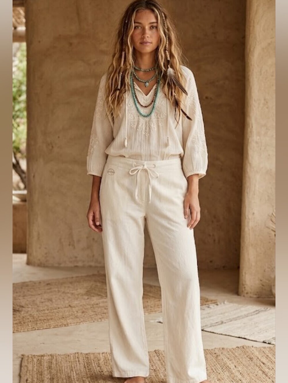The Earth Collection Cotton/Silk Blend Full Length White Pants